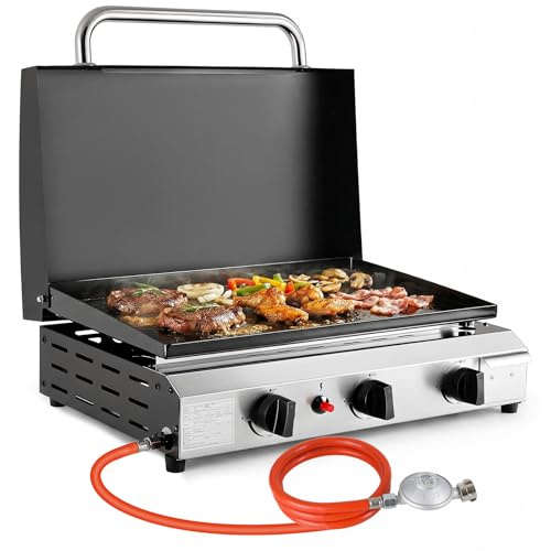 LIFERUN Bärbar bordsgrill med 3 brännare i rostfritt stål, kompakt gasgrill med lock 7,2 kW, campinggrill med keramisk lackbeläggning grillplatta (58 × 35 cm), balkonggrill för terrass, trädgård