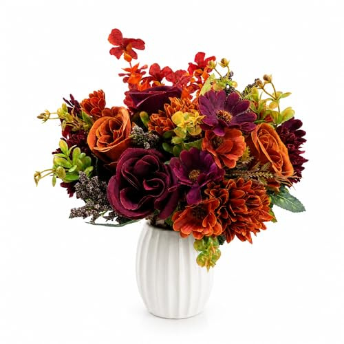 Suxyn Autumn Artificial Flowers 3 Bundles, Realistic Faux Flowers with Rose | Hydrangeas Eucalyptus Violet Faux Flowers for Home Garden Wedding, Fall Decor Thanksgiving Halloween Table Decoration