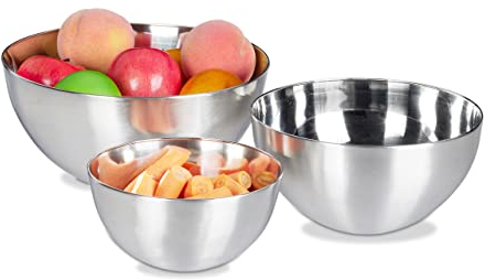 Relaxdays Rührschüssel Set, 3-teilig, spülmaschinenfest, Salatschüssel Edelstahl, verschiedene Größen, stapelbar, silber