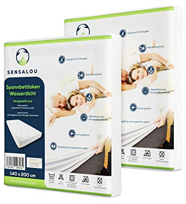 Sensalou Spannbettlaken Wasserdicht 140x200 cm 2er Pack – Inkontinenz Matratzenschutz für Doppelbett & Jugendbett – Weiches Spannbetttuch mit Gummizug für Matratzen bis 25 cm Höhe – Waschbar bei 95 °C