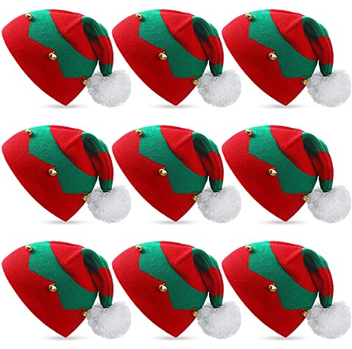 JaGely 9 Pcs Christmas Elf Hat Xmas Elf Beanie Adult Santa Hats for Christmas Holiday Winter for Women Men