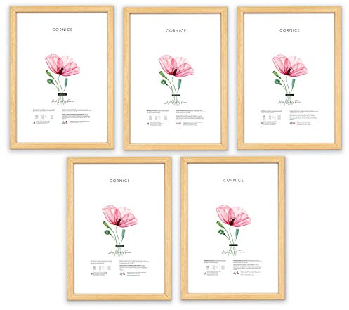 Lupia - Set Cornici in Legno Optical | Made in Italy | Protezione in Vetro Alta Trasparenza | Facile da Appendere | per Foto, Stampe, Poster, Documenti | Colorazione Naturale Set 5pz 18x24 cm