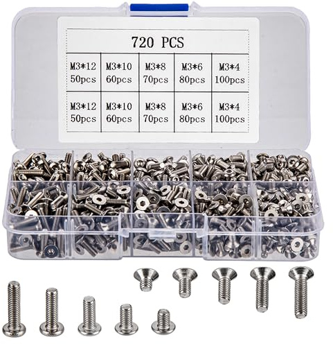 720 Stk M3 Edelstahl Innensechskant Schrauben Set, Senkkopfschrauben, Flachkopfschrauben für 3D-Drucker, metrische Maschine, 4 mm/6 mm/8 mm/10 mm/12 mmmm