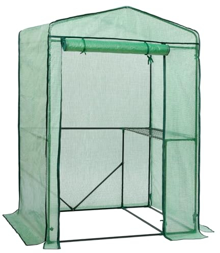 LARMNEE Foliengewächshaus, Gewächshaus, Tomatenhaus Stabil, Tomatengewächshaus mit Regal, Spitzdach, 123 x 95 x 185 cm, für Gemüse, Obst, Blumen, Garten, Balkon, Grün EGN18GH02G1