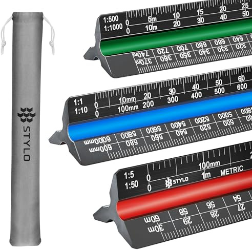 30 cm Aluminium Architektonisches Lineal, dreieckig, metrische Skalen 1:20, 1:25, 1:50, 1:75, 1:100, 1:125, Ideal für Architekten, Studenten, Zeichner, Ingenieure (Schwarz, Metrische Einheiten)