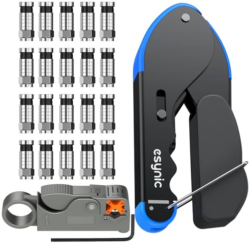 eSynic Professional Coax Crimping Tool F Type Connector Compression Tool Set Coax Cable Crimper Tool Kit for RG59 RG6 with 20Pcs RG6 Coaxial Cable Connectors&Adjustable Coaxial Cable Cutter (Black)