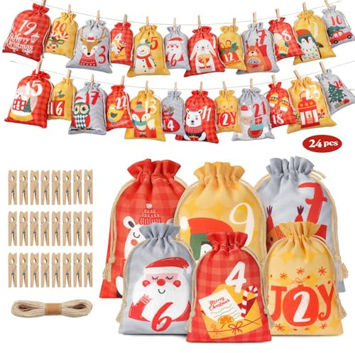 Adventskalender zum Befüllen,2025 Adventskalender Selber Befüllen,24 Weihnachtskalender Kinder Groß Stoff,2 Größen Säckchen Weihnachtskalender zum Selbst Wiederverwendbarer