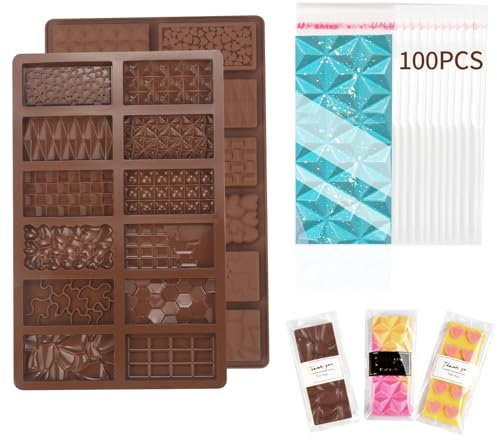 Dubai Stampo per Cioccolato in Silicone Profondo,2 Pezzi 100 sacchi antiaderenti stampo tavoletta cioccolato,per Tavolette di Cioccolato Fai da Te,per Praline,Stampo Silicone per Ganache,Senza BPA