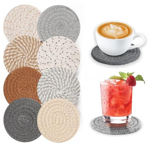 Coasters Set Of 8, 11CM Cotton Coasters Table Coaster Non Slip Cup Pad Mat Drinks Mug Coaster Set for Coffee Beer Mug Wine Glass Bottle Home Bar