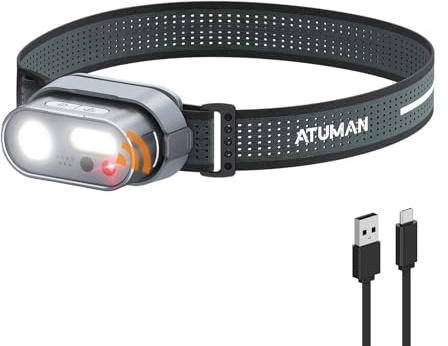 ATuMan MH1 Linterna Frontal Recargable, Linterna Cabeza LED 1 Pieza Super Brillante Impermeable 8 Modos de Iluminación Blanco & Rojo, Headlamp Con Sensor Ultra Ligera Para Camping/Pesca/Cenderismo