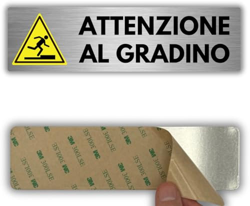 LEIASA | Señal adhesiva atención escalón – 5 x 18 cm – Grosor 0,8 mm – Aluminio – Placa advertencia escalón – Señal atención de desnivel – Precaución peldaño (cartel escalonado)