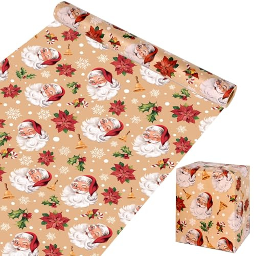 SULOLI Rotolo di Carta da Regalo Natalizia, 43 cm x 10 m, Carta Kraft con Babbo Natale per Confezione Regali di Natale