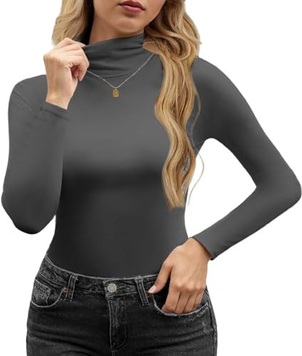 Yutdeng T-Shirt Femme à Manches Longues Col Roulé Hiver Automne Léger Basique Haut Élégant Chaud Col Montant Tee Shirt Blouse Couleur Unie Pull,Gris Foncé,M
