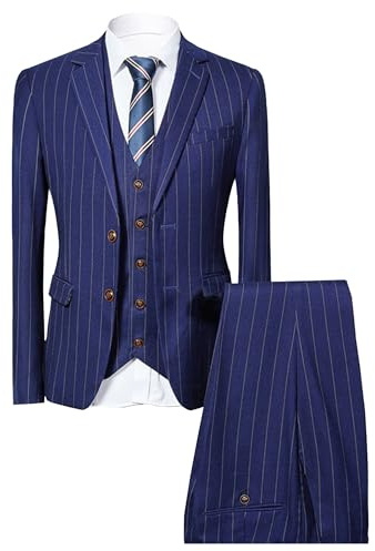 Completo da uomo gessato 3 pezzi elegante a righe con due bottoni set per uomo gessato abiti slim fit per affari, Blu, S