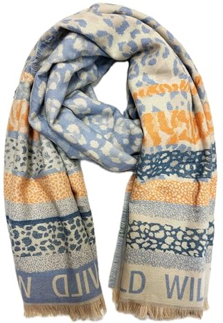 Jeamis Sciarpa XXL Leo Love con motivo a forma di cuore, calda sciarpa invernale alla moda, per autunno e primavera, in lana con frange, Leo blu, 190 x 65 cm