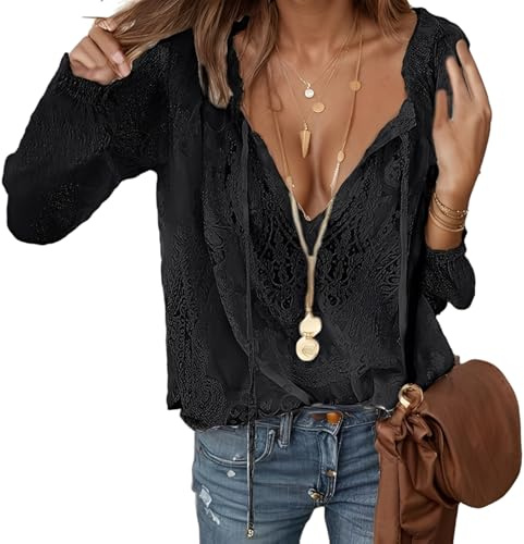 Pinclodly Peasant Blouses for Women Sprinng V Neck Front Tie Tops Floral Embroidered Lace Blouse Shirts Casual Long Sleeve Boho Tops