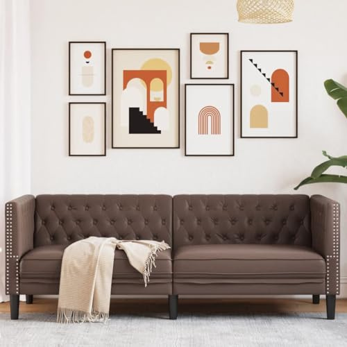 QUAHEAS Chesterfield-soffa, 3-sits, brunt konstläder, robust vardagsrumsmöbel med knappstängning, hållbar soffa för komfort och stil