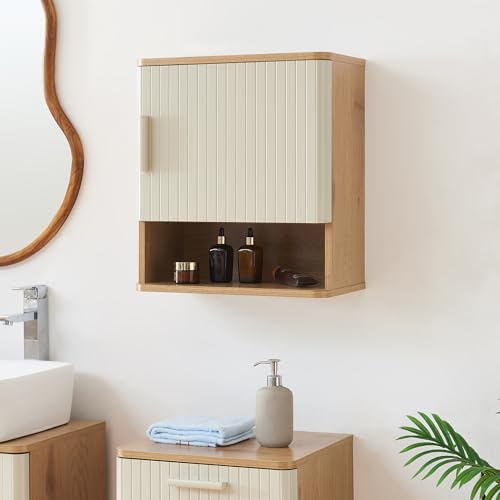 [en.casa] Armoire Suspendue de Salle de Bain Placard Mural avec Étagères et Porte Façade Rainurée Décorative Rangement Ordonné Stable MDF 50 x 45 x 24 cm Effet Chêne Couleur Sable