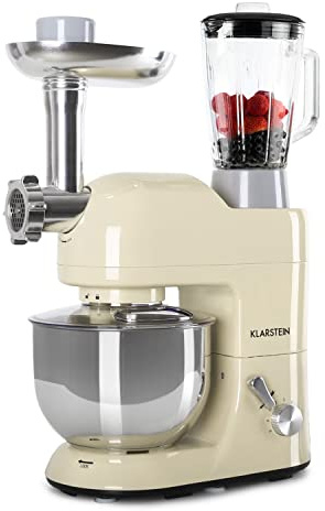 Klarstein Batidora Amasadora con Bol, 5L para Hornear, Robot Cocina, Amasadora Reposteria 1800W, Picadora Carne, Gancho y Bol para Mezclar con Varillas Rotación Planetaria 6 Velocidades