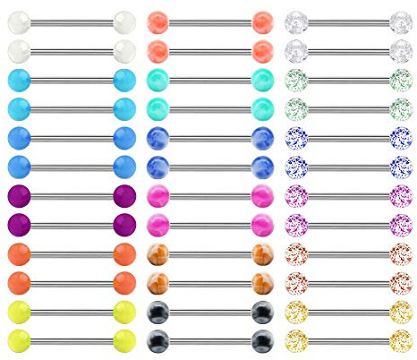 Mayhoop 14G 36Pcs Stainless Steel Nipple Rings Tongue Rings Straight Barbell Bars Piercing 18mm in Length For Women Men