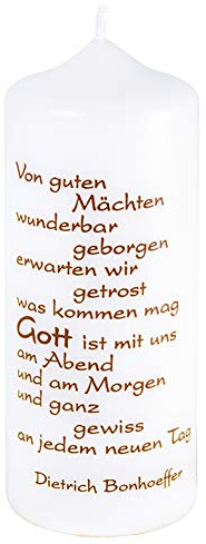 FRITZ COX Spruchkerze 'Von guten Mächten' Dietich Bonhoeffer | Paraffin-Wachskerze | Qualitätskerze aus Deutschland | Brenndauer: ca. 44 Std. | 150 x 60 mm