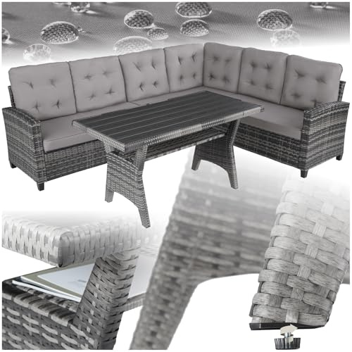 TecTake® Conjunto Jardín de Ratán Combinable con Cojines 9 cm, Conjunto Terraza Resistente a la Intemperie, Muebles Jardín Exterior 2 Sofás, 1 Sofá Esquinero, 1 Mesa con Pies Ajustables - Gris