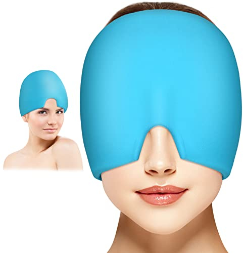 ACWOO Migräne Mütze, Gel Kühlmütze Headache Relief Cap, Dehnbare Cold Therapy Schlafmaske, Heady Maske für Kopfschmerzen Geschwollene Augen Stressabbau (Blau)