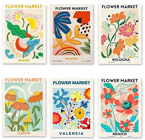 Set di 6 poster FLOWER MARKET – Elegante stampa artistica floreale A4 moderna decorazione da parete vintage senza cornice – poster di alta qualità per soggiorno, camera da letto, sala da pranzo