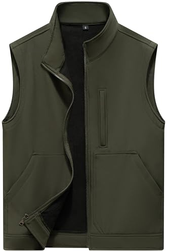 VtuAOL Men's Puffer Softshell Vest Lightweight Outdoor Winter Warm Outdoor Hiking Vest for Men Army Green US L