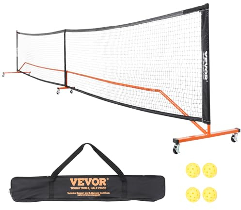 VEVOR Système de Filet de Pickleball Portable, Filet de Taille Réglementaire 672 cm avec Sac, Roues et Balles, Cadre en Métal Stable Résistant aux Intempéries et Filet en PE Solide, Jeu en Plein Air