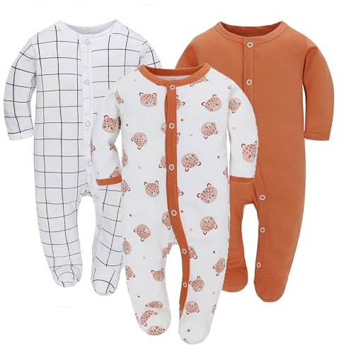 3 st baby sovsparkdräkter baby chlababysovsäck bomull med fötter med knappar stl. 56 62 68 för pojkar, flickor, nyfödd, apelsin, 62