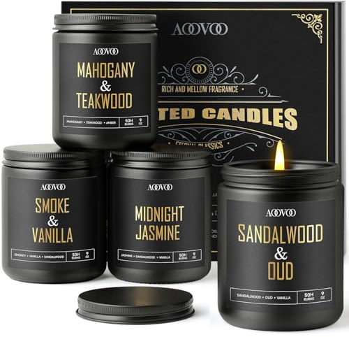 AOOVOO Scented Candles for Men - 4 Pack Candles for Home Scented, 36oz Soy Wax, 200 Hour Burn Time, Men Candle Set, Sandalwood Oud/Mahogany Teakwood/Smoke Vanilla/Jasmine Candle Set A