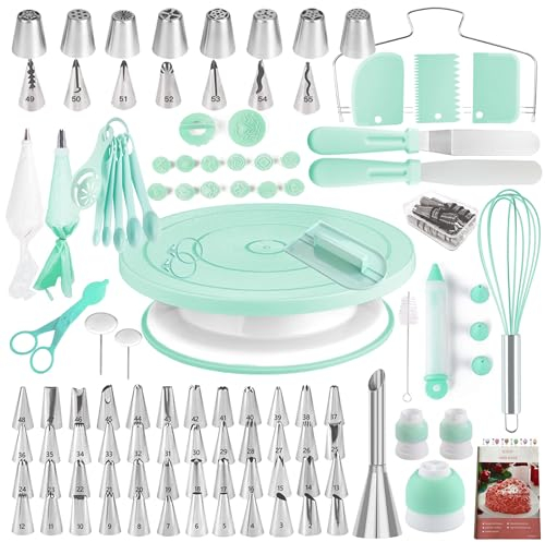 Cake Decorating Kit, 137pcs Cake Decorating Supplies with Cake Turntable for Decorating, Pastry Piping Bag, Russian Piping Tips Baking Tools, Cake Baking Supplies for Beginners (Green)