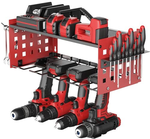 Yeabett Organizador de herramientas eléctricas de 2 capas, estante de herramientas para 4 soportes de taladro, estante de pared resistente para garaje, hogar, taller (rojo)