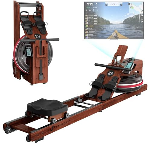 JASPORT R3 Faltbares Rudergerät aus Eichenholz, mit Bluetooth-fähigem LCD-Display, kompatibel mit Kinomap, 28L Wassertank, belastbar bis 150 kg, ergonomischer Sitz, Verstellbarer Tablethalter