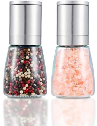 Salt and Pepper Grinder 2pcs Black Pepper Mill Refillable Manual Stainless Steel Lid Adjustable Coarseness Glass Material Fits in Home Kitchen Barbecue