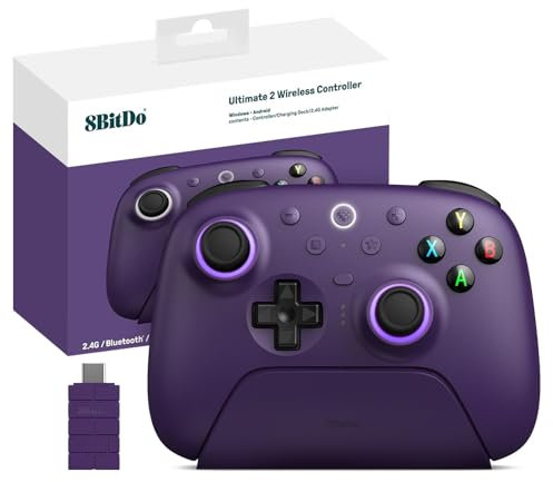 8Bitdo Ultimate 2 Controller Wireless 2.4G per PC Android, Joystick TMR, Effetto Hall Commutabile/Trigger Tattili, Anello Fuoco RGB, 8Speed Wireless Tech Gaming Controller con Dock Ricarica, Viola