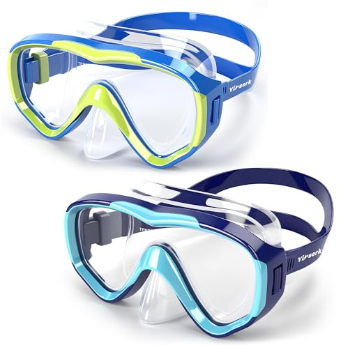Yimserk 2 Pack Kids Swim Goggles with Nose Cover, Tempered Glass Anti-Fog Diving Mask Set for Kids 4-16, Adjustable Silicone Swimming Goggles for Boys Girls Snorkeling, Pool, Training