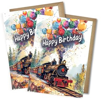 WBdesignz Lot de 2 cartes d'anniversaire « Happy Birthday » avec train et ballons, joyeuses cartes d'anniversaire pour enfants, garçons et filles, avec enveloppes au format A6