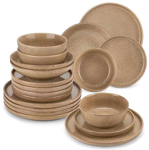 vancasso ANYA Servizio Piatti 48 Pezzi per 12 Persone, Set Vaisselle in Gres - 12 Piatti Piani, 12 Piatti da Dessert, 12 Scodelle Minestra e 12 Ciotole Colazione - Smalto Color Caramello