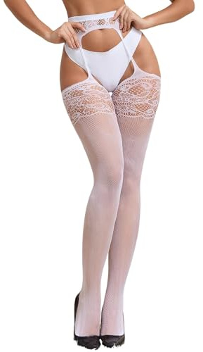 comeondear Medias Mujer de Encaje Talla Grande Sexy Medias Rejilla con Liguero Altas Elástico Pantimedias Malla de Tirantes Liga Red Estampadas de Flor Sexy Stockings Muslo para Mujer Blanco,XS-M