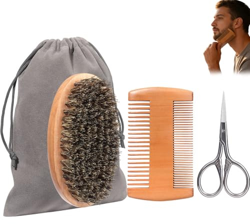 Set De Cepillo y Peine para Barba de Hombre,Juego de Barba de Madera para Hombres con Tijeras Pequeñas y Bolsa de Almacenamiento,Adecuado para el Recorte y Cuidado Diario de los Hombres