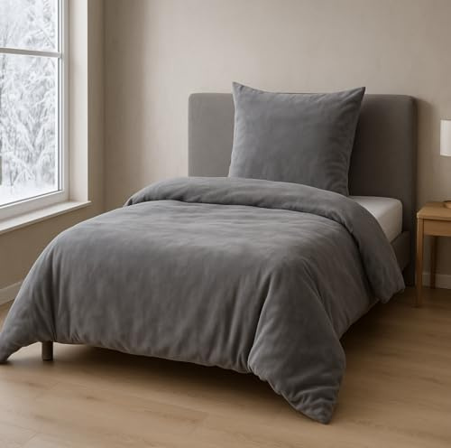 MALIKA Winter Plüsch Bettwäsche Nicky-Teddy Cashmere Coral Fleece 135x200 155x220 200, Größe:155 x 220 cm, Designe:GRAU