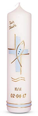 Taufkerze Kommunionkerze Mädchen Junge mit Name und Datum 25x6cm Taufkerze Kreuz-Fisch Blau