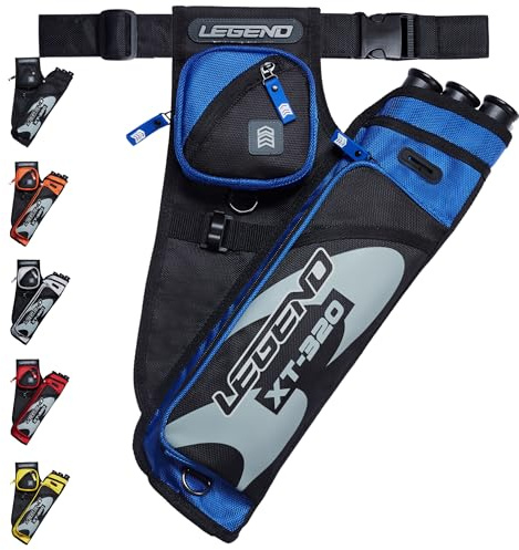 Legend XT320 Archery Quivers - Right Handed Nylon Hip Quivers with 3 Arrow Tube Cases for Target Shooting - Adjustable Waist Belt, T-Slot, Compartments for Accessories, Tools, Release Tab - Blue