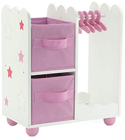 Emily Rose 14 Inch Doll Furniture - Open Wardrobe Closet with Hangers & Storage Bins - Wooden Organizer for Wellie Wishers, Glitter Girls & 14” Dolls