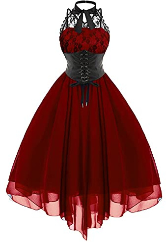 AMhomely Summer Dress for Women UK - Ladies Gothic Sexy Banquet Festival Lace Chiffon Baggy Loose Midi Wedding Guest Shift Gothic Clothes (Wine, XL)