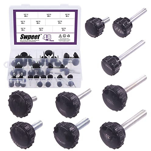 Swpeet 48Pcs 9 Sizes M4 M5 M6 Black Round Male Thread Knurled Clamping Knobs Grip Thumb Screw Assortment Kit, Knurled Handle Bolts Grip for Quick Remove Screws Clamping Screws
