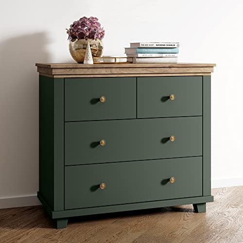 Kommode Landhausstil mit 4 Schubladen, in grün mit Lefkas Eiche Nb., B/H/T: ca. 90/80,5/42 cm