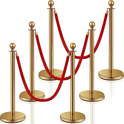 Ferraycle 6 Pcs 2026 Prom Stainless Steel Stanchion 5 ft Velvet Carpet Ropes and Pole Crowd Control Barriers Grand Opening Casino Movie Theme Party 360 Photo Booth Accessories (Gold)